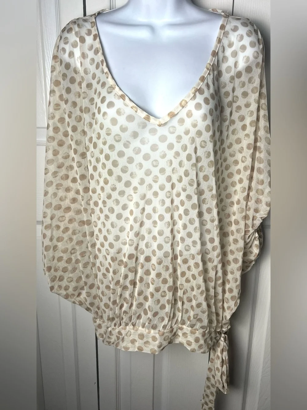 SWEET PEA Stacy frati Y2K Polka Dot Sheer Dolman Tan Ivory V Neck Feminine